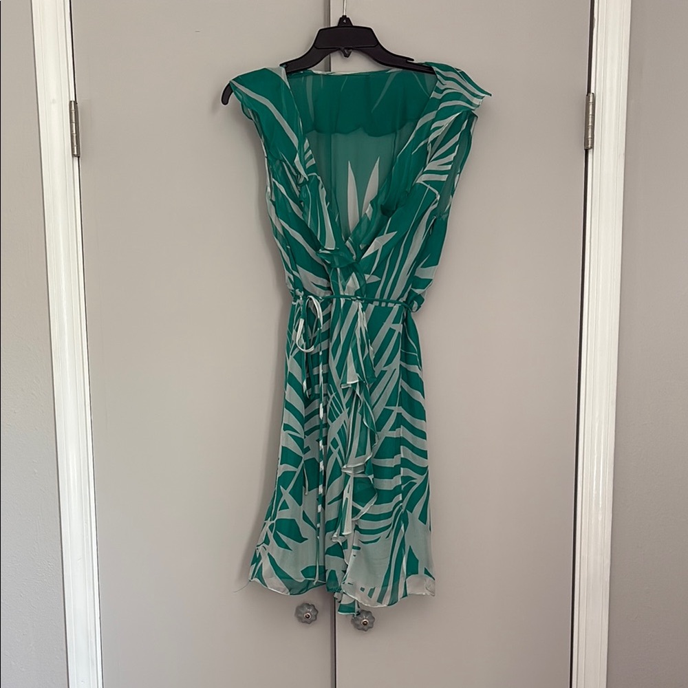 Milly Green Resort Wrap Dress with Ruched Flutter Sleeves
